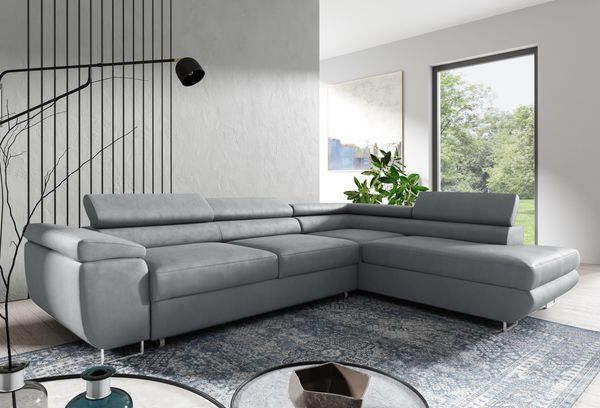 Ecksofa in L-Form AVESTA, L-förmige Eckcouch mit Schlaffunktion, ausziehbares Sofa, 1 Bettzeugbehälter, verstellbare Kopfstützen, (Monolith 84), 72 x 201 cm