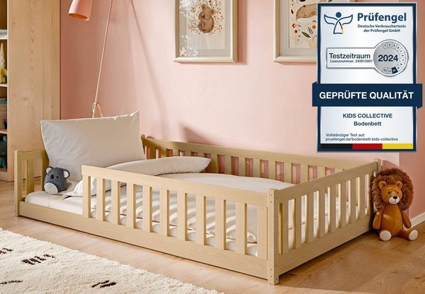 Kids Collective Kinderbett Bodenbett 120x200 cm mit Rausfallschutz & Lattenrost Montessori Bett Bed Gitterbett Kinder Jugendbett Einzelbett | Natur