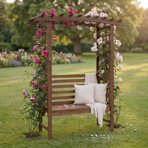 Rosenbogen mit Sitzbank HWC-Q21, Gartenbogen Rankhilfe Bank Gartenbank Holz FSC®-zertifiziert 201x160x60 ~ dunkelbraun