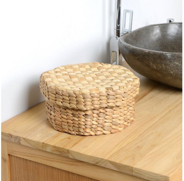 wohnfreuden Aufbewahrungskorb Korb OCTA aus Wasserhyazinthe mit Deckel 28 cm creme eckig