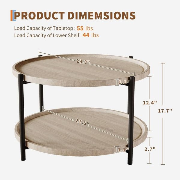 GarveeMore Couchtisch Runder 2-stufiger,Schreibtisch aus rustikalem Holz mit Ablagefläche, moderner Akzent-Teetisch für das Wohnzimmer,Sofatische,74.5x74.5x45cm