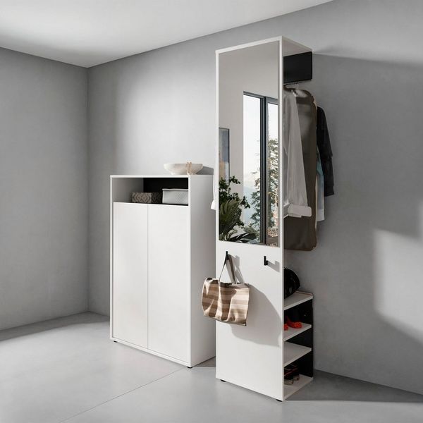 byLIVING Garderoben-Set Lyon, platzsparender Garderobenschrank mit großem Spiegel, (Set, 2-St, 2-teilig), und Schuhkommode für bis zu 18 Paar Schuhe