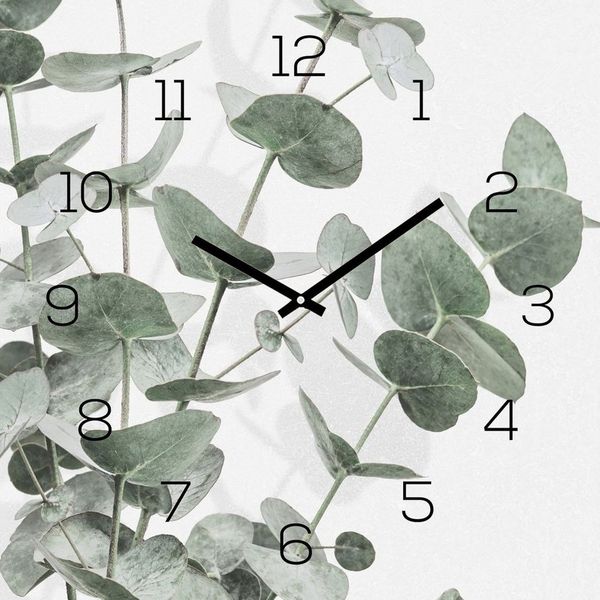 Levandeo® Wanduhr (Wanduhr 30x30 cm Alu-Dibond Eukalyptus Blätter Alubild Uhr Wandbild)