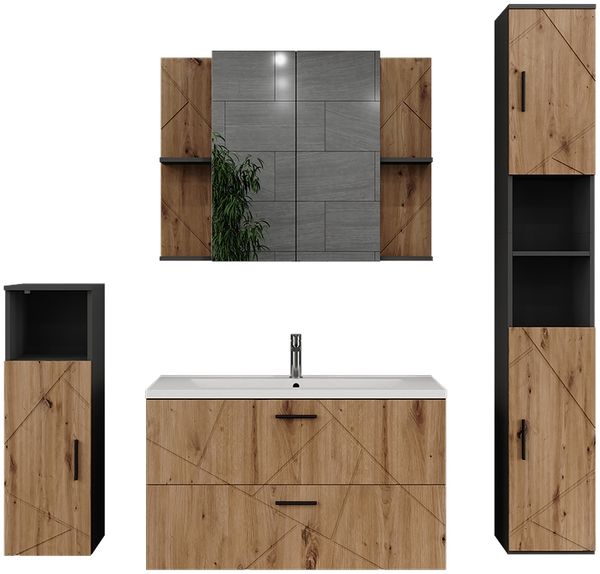 Badmöbel-Set Irma Anthrazit/Goldkraft Eiche 5 Teile Vicco