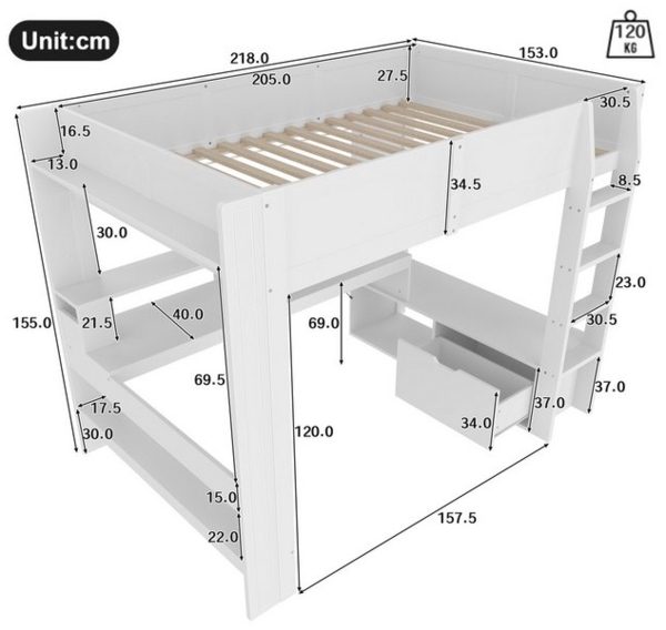 Ulife Hochbett Kinderbett Jugendbett Gaming Bett mit LED-Beleuchtung, Schreibtisch (Ohne Matratze) Schublade, Regale, 140 x 200 cm Bild 4