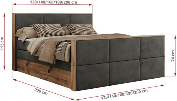 Doppelbett, Boxspringbett mit zwei Multipocket-Matratzen und ein Topper, Bettkästen, Eiche Wotan Holzrahmen, genähtes Kopfteil und Front - ALBERO 2 KING DUO - 180 x 200 cm - Dunkelgrau Velours - H3 Bild 6