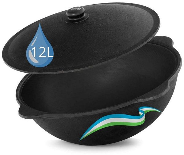 BIG-PAN Wok Authentischer usbekischer Kazan aus Gusseisen 12L mit Aluminium Deckel, Gusseisen (Namangan Dutch Oven Asia Wok Gusseisentopf, für Plov, Grill & Outdoor Küche), traditioneller Gusseisen Topf