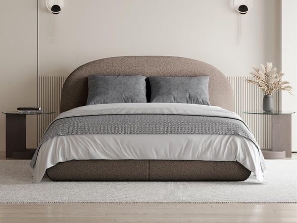 Beautysofa Polsterbett MOTTI mit Bettkasten und gepolstertem Kopfteil (Erhältlich in 3 Breiten: 140, 160 oder 180 cm, mit oder ohne Matratze und Topper), Modischer Bouclé-Stoff in 3 Beigetönen
