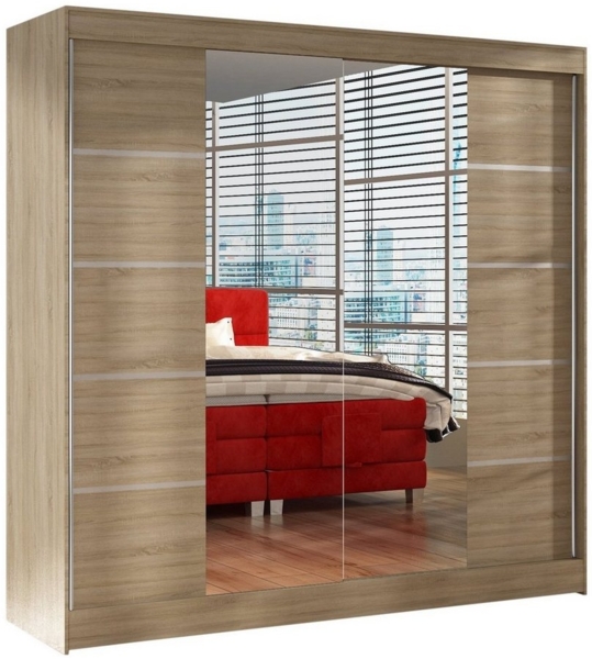 Schwebetürenschrank Basti V 200 cm mit Spiegel - Kleiderschrank mit 2 Türen, Kleiderstange und Einlegeboden, Schlafzimmerschrank, Schiebetürenschrank 200x215x58 cm (Sonoma)