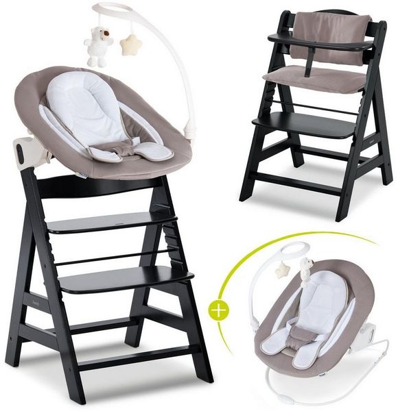 Hauck Hochstuhl Alpha Plus Black Newborn Set Deluxe, Holz Babystuhl ab Geburt inkl. Aufsatz für Neugeborene & Sitzauflage
