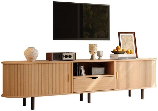 Merax Lowboard in Holzoptik, Fernsehtisch 175×40×55cm (1 St), TV-Schrank mit Rollo-Tür, Schublade & offenen Fächern