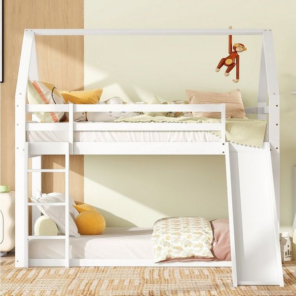TavilaEcon Etagenbett Kinderbett, Hausbett mit Rutsche und Leiter in kreativem Design, aus Kiefernholz und MDF, mit durchgehenden Absturzsicherungen