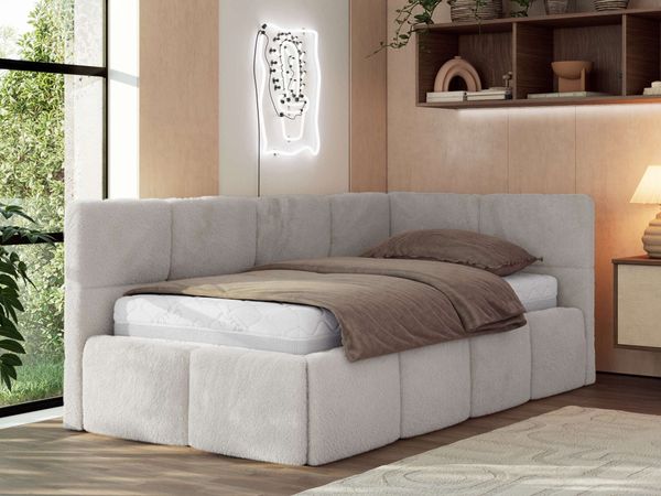 Jugendbett 90x200 ARVO Polsterbett mit Bettkasten, Stauraum & Gasdruckfeder, Modernes Design mit Kopfteil, Foam Matratze - Hellgrau Plüsch - MIRO LUX - Rechts Seite