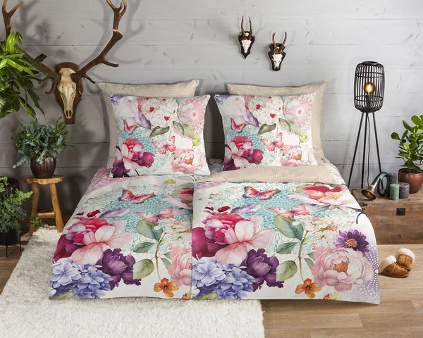 hip Bettwäsche Baumwolle, Renforcé, 2 teilig, Schmetterlinge mit Blumen und Mandala,natur