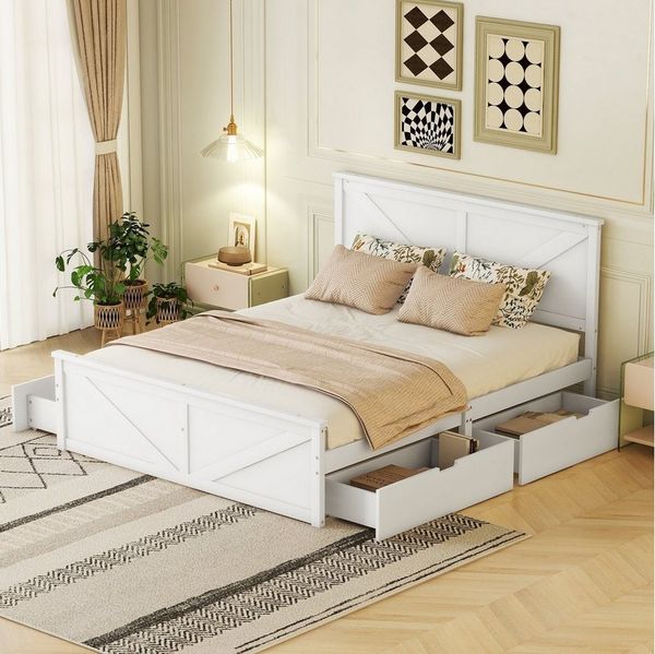 REDOM Funktionsbett 160x200cm Einfaches Holzpritschenbett mit vier Schubladen, Ohne Matratze