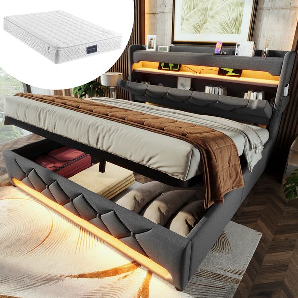 Polsterbett 160×200 cm mit Bettkasten, LED, USB/Type-C, Grau, inkl. Matratze
