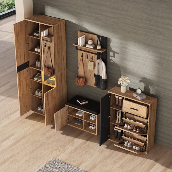 STILVORA Garderoben-Set mit Sitzbank,4er-Set Garderobenset Wandgarderoben mit Schuhschrank, (Garderobenset Wandgarderobe – Praktisches Design in Naturholzfarbe und Schwarz, 4-St, B215/D36/H190 cm)
