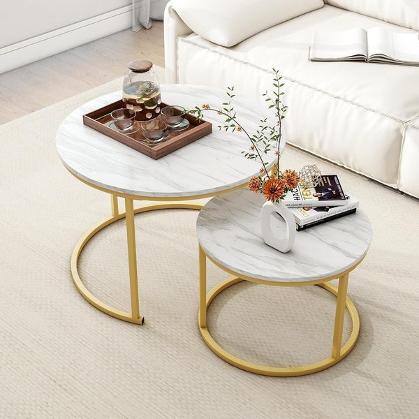 Runder Couchtisch 2er-Set Holz Stauraum goldfarbenem Metallrahmen