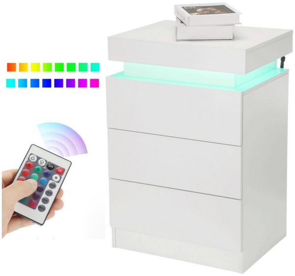 oyajia Nachttisch Hochglanz Nachtschrank mit 2 Schubladen,LED-Beleuchtung 16 Farben (Nachttisch mit LED Streifen, Beistelltisch), Nachttisch mit einstellbare Farben,Sofatisch, 45x35x55 cm Schwarz/Weiß