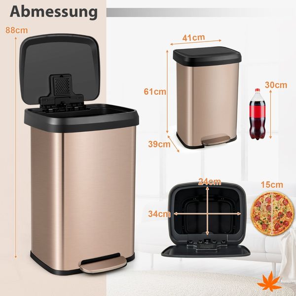 50L Küche Mülleimer mit Sanft Schließendem Deckel & Desodorierungsfach Abfalleimer Roségold