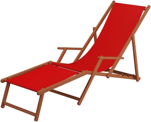 Liegestuhl rot Fußablage Tisch Kissen Deckchair Holz Sonnenliege Gartenliege Buche 10-308 F T KH