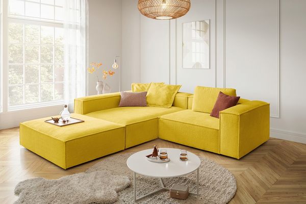 KAWOLA Sofa CARMO Ecksofa Stoff gelb mit Hocker Recamiere links 68 x 191 x 306 cm