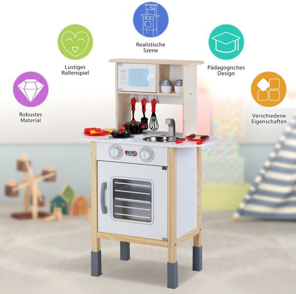 Spielwerk 'Happy Kitchen' Kinderküche mit Mikrowelle und Zubehör, Holz weiß, 57 x 29,5 x 83 cm