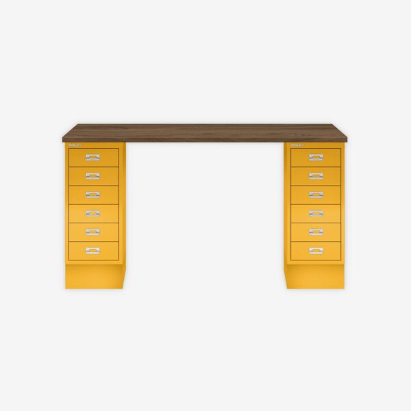 MultiDesk, 2 MultiDrawer mit 6 Schüben, Dekor Nussbaum, Farbe Sunflower, Maße: H 740 x B 1400 x T 600 mm