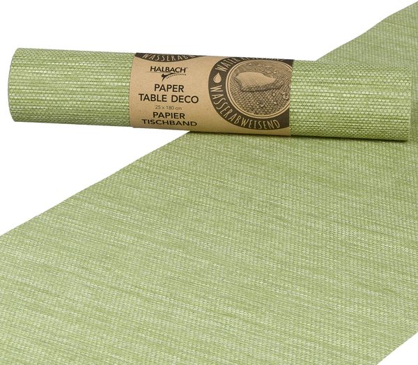 Halbach Seidenbänder Papier-Tischband | Breite 25cm Länge 1,80m | moderner Tischläufer abwaschbar, Tischdeko Outdoor wetterfest | Farbe: grün