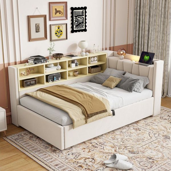 Celya Polsterbett Schlafsofa 90*200 cm, Mit Hydraulischem Stauraum (Multifunktionsbett, Samtstoff, Ohne Matratze, Mit Nachtlicht, USB- und Typ-C-Ladeanschluss), Mit Ablagen und Staufächern, Gepolstertes Kopfteil