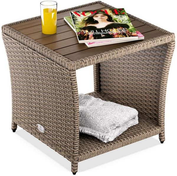 Casaria® Beistelltisch Creme Wetterfest Klein Holz Polyrattan Akazie 45 x 45 x 40 cm 80kg Belastbarkeit Outdoor Tisch Gartentisch Balkontisch Gartenmöbel