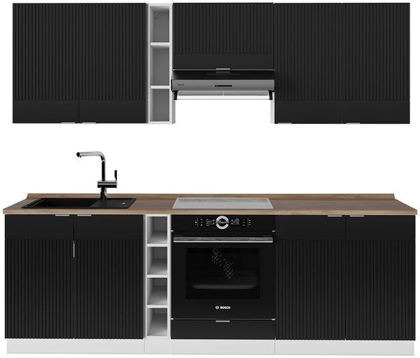 Küchenzeile Fame-Line Schwarz gestreift/Weiß 235 cm , AP Eiche Vicco