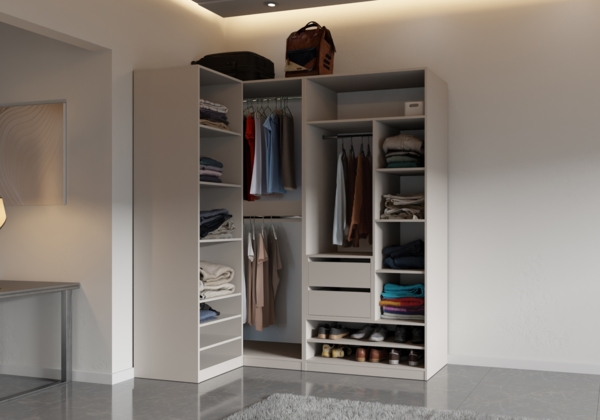 Marmex Möbel TRES SET F Eckkleiderschrank-Set, offener Garderobenschrank mit Kleiderstangen, Schubladen, Einlegeböden für Kleidung, Schuhe, laminierte Spanplatte, graubeige cashmere, 101/190x206x51 cm