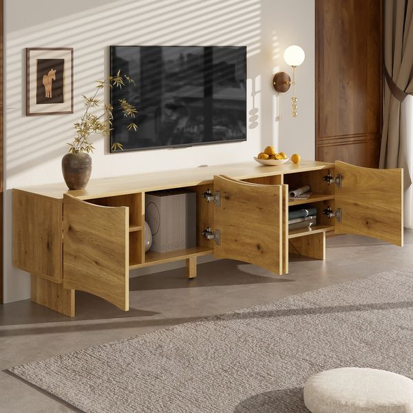TV-Schrank 155 x 36 x 47 cm in Holzoptik mit Wellenfront, 4 Türen und Kabeldurchführungen