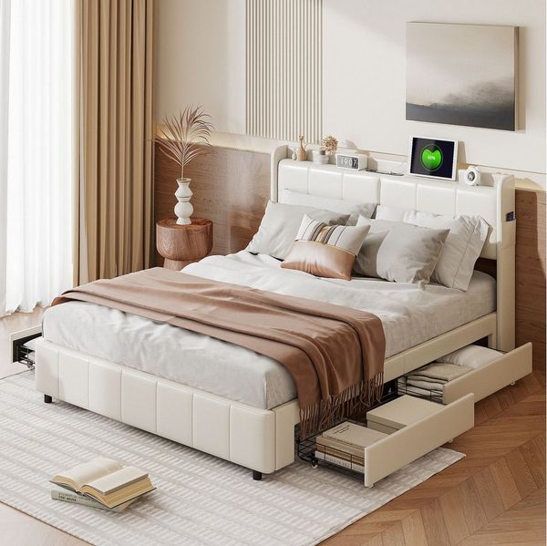 Furnishings Home Polsterbett Doppelbett Stauraumbett inkl. Stauraum & USB (Vier extra große Schubladen unter dem Bett), Mit Touch Nachtlicht, Lattenrost, Kunstleder, 160x200 cm