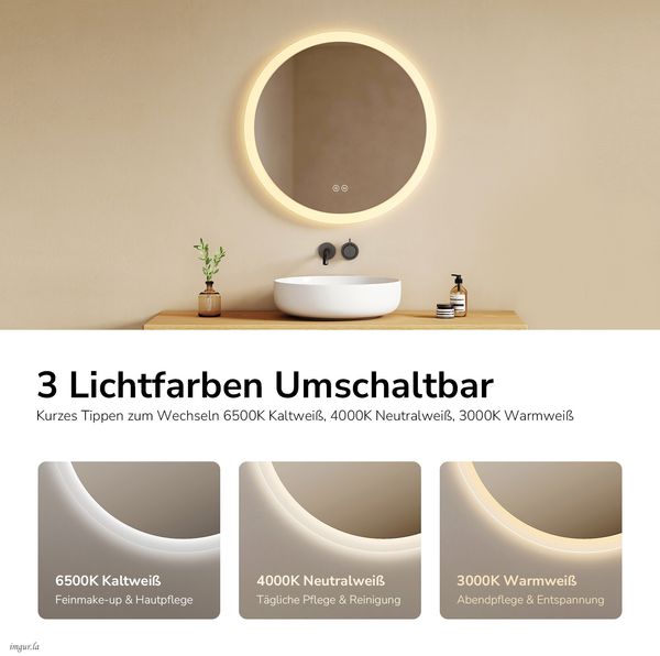 EMKE Badspiegel mit Beleuchtung Rund Badezimmerspiegel ф50cm, 3 Lichtfarbe, Touch-Schalter, Beschlagfrei, Speicherfunktion Bild 6