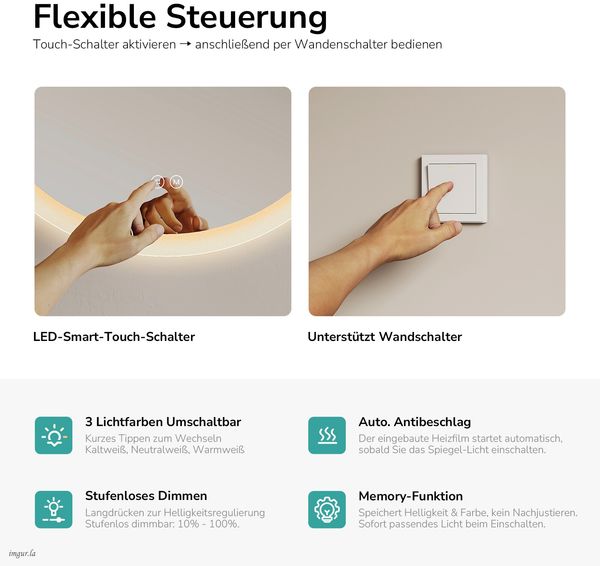 EMKE Badspiegel mit Beleuchtung Rund Badezimmerspiegel ф50cm, 3 Lichtfarbe, Touch-Schalter, Beschlagfrei, Speicherfunktion Bild 8