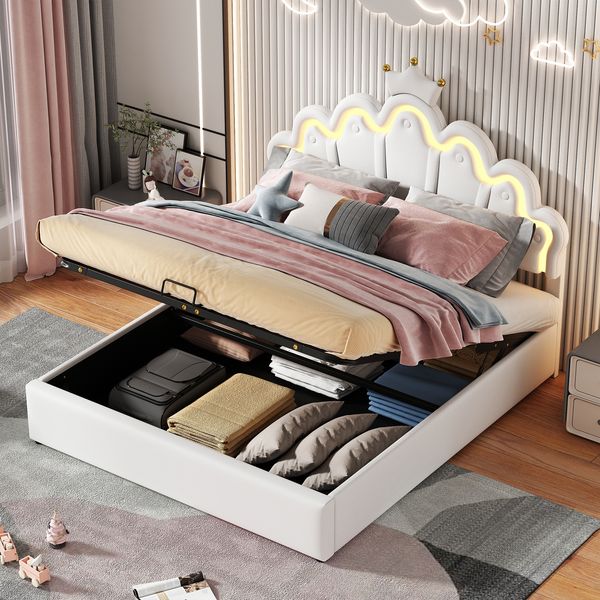 140*200cm Flachbett, Polsterbett, Prinzessinnenbett, verstellbare Ambiente-Beleuchtung, Kronenleiste, Weiß