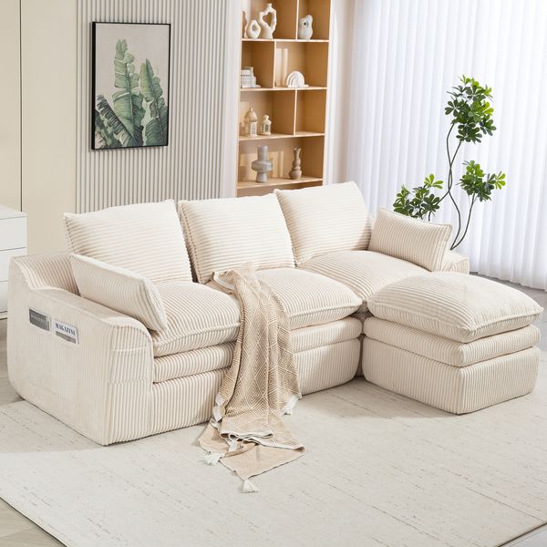 Modulares 3-Sitzer Sofa mit Hocker, Cord in Beige, B 263 x T 167 x H 85 cm