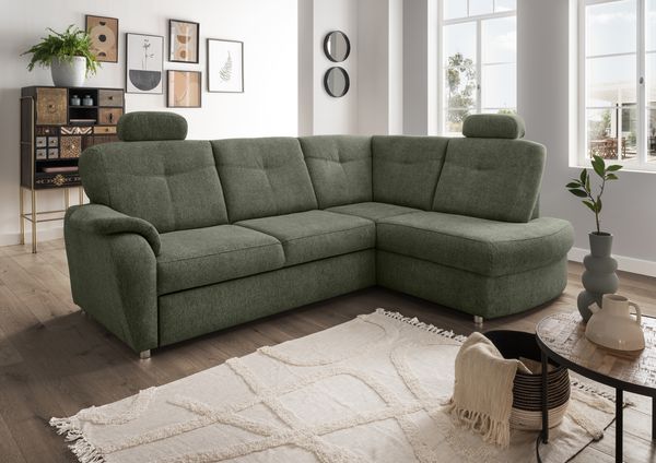 Ecksofa >Elli< Schlaffunktion, Stauraum, Kopfstützen, moosgrün - 264x92x180cm (BxHxT)