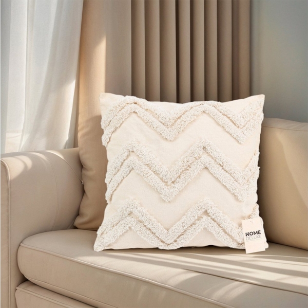 HOME DELUXE Getufteter Kissenbezug JARA Zickzack mit Kissenfüllung - Creme
