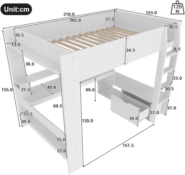 Hochbett 140x200 cm mit LED-Beleuchtung, Schreibtisch und Regalen,Jugendbett mit integriertem Bild 6