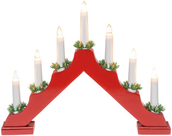 Idena 31604 - LED Adventsleuchter mit 7 LED Kerzenlichtern in Warmweiß, Schwibbogen aus rot lackiertem Holz, mit Ersatzlampe und Schalter, Deko für Innen, als Winter-, Advents- und Weihnachtsdeko