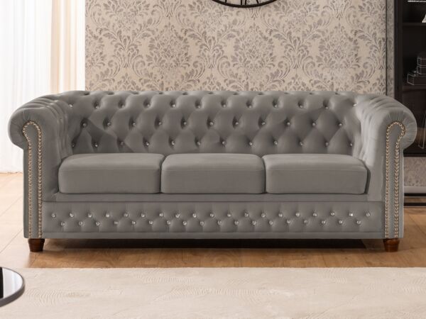 S-Style Möbel Chesterfield-Sofa 3-Sitzer Cleo Blink aus Samt mit Kristallsteppung und Massivholzfüßen, mit Wellenfederung