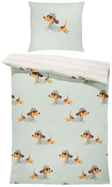 MTOnlinehandel Bettwäsche Dackel 135x200 + 80x80 cm, Baumwolle Renforcé, witziges Hundedesign, 100% Baumwolle, 2 teilig, Wende-Motiv in sanften Grüntönen – weich und pflegeleicht
