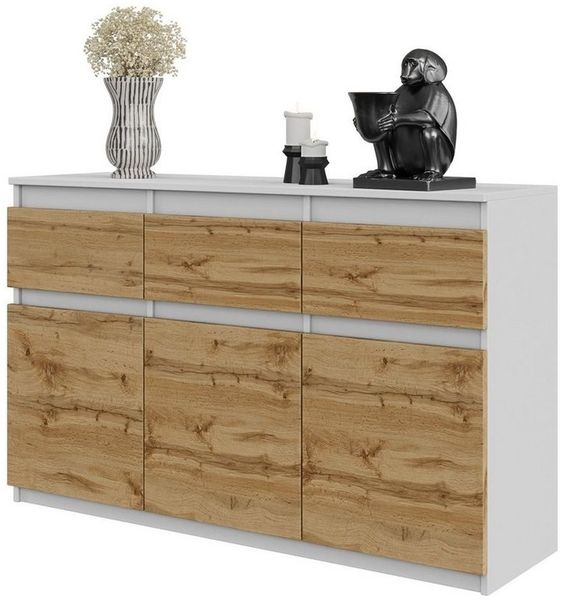 Furnica Kommode NOAH 3 Schubladen und 3 Türen - Weiß Matt H75cm B120cm T35cm