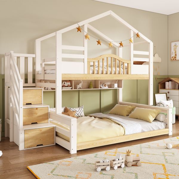 Merax Etagenbett 90x200cm oben 140x200cm unten Hausbett Kinderbett mit Treppenschrank Stauraum Regalen sicherer Aufstieg, Weiß