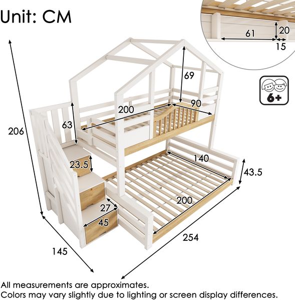 Merax Etagenbett 90x200cm oben 140x200cm unten Hausbett Kinderbett mit Treppenschrank Stauraum Regalen sicherer Aufstieg, Weiß Bild 4