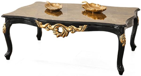 Casa Padrino Luxus Barock Couchtisch Braun / Schwarz / Gold 117 x 77 x H. 46 cm - Prunkvoller Massivholz Wohnzimmertisch mit Tischplatte in Marmoroptik - Barock Möbel