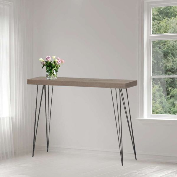 Design Konsolentisch GRIGIO 110cm hellgrau Eichen-Optikschwarzes Metallgestell